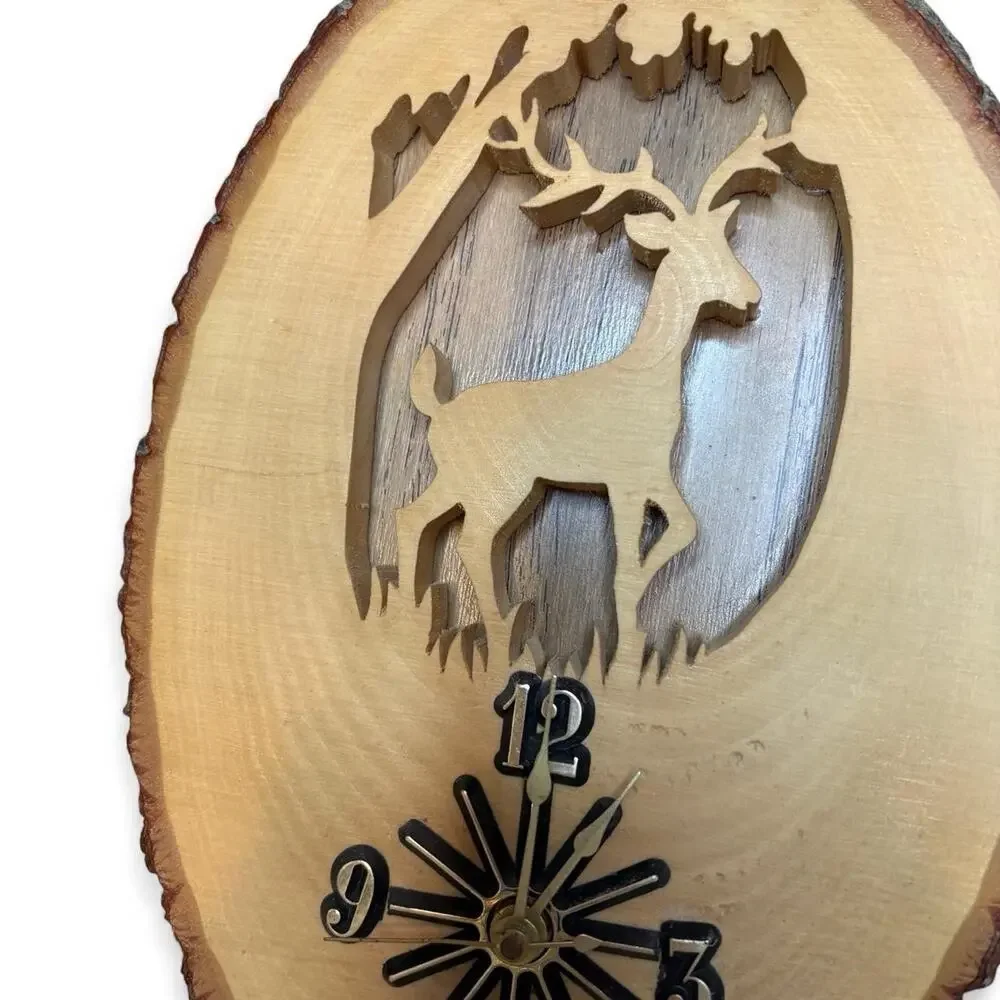 Vintage Hand Carved Wood Wall Clock Deer Forest Rustic Bark Edge Works